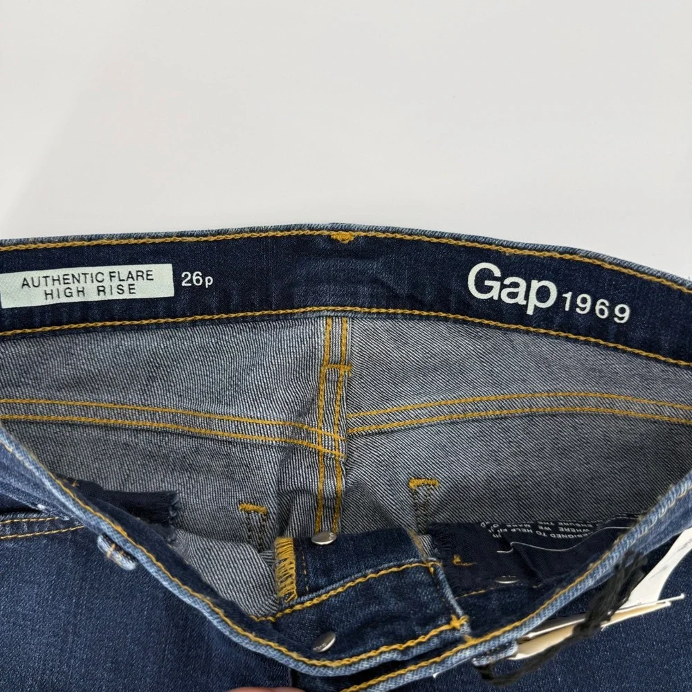 Gap 1969 Authentic Flare High Rise Jeans Dark Wash Button Fly Raw Hem 26P NEW